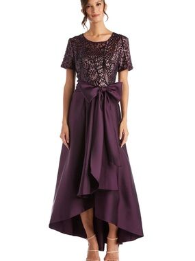 Marina Plum Sequin Bodice High-Low Gown with Bow